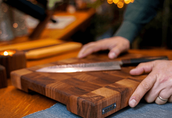 knife use on wood cutting board